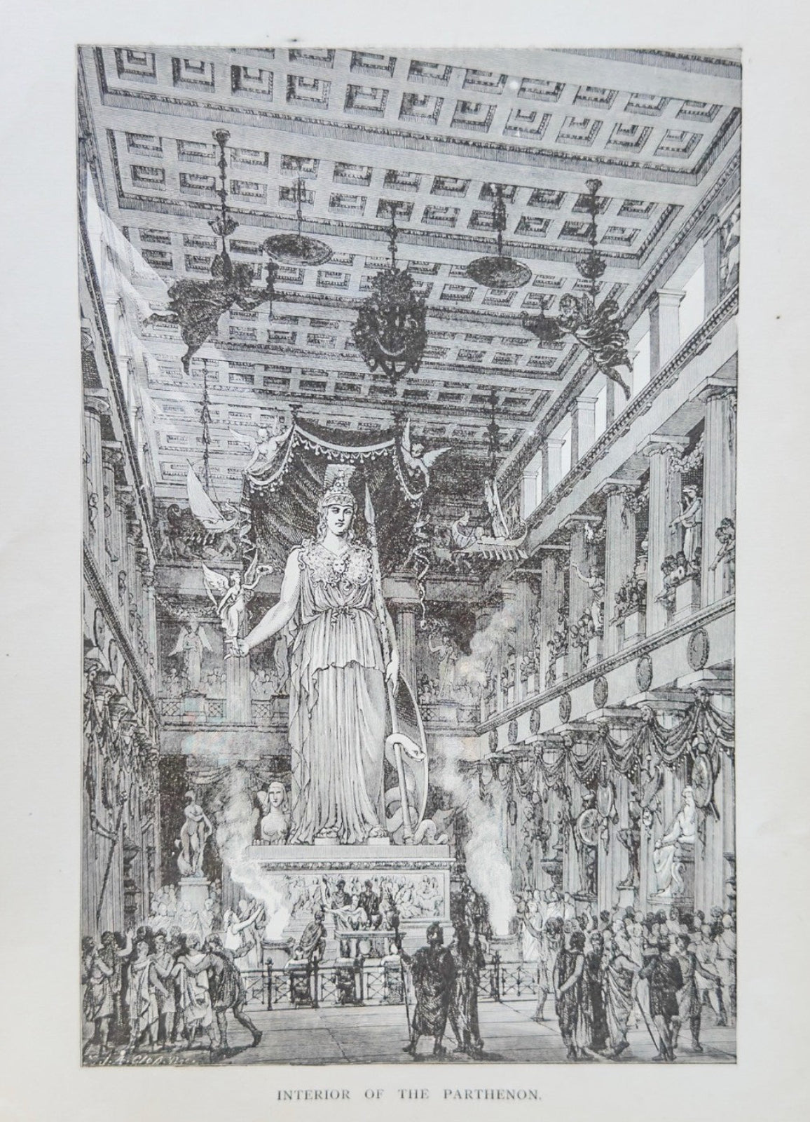 Vintage illustration of a statue in a grand hall with people around