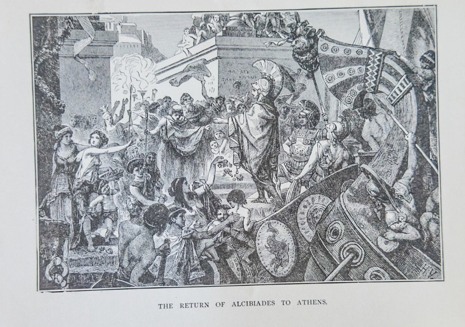 Black and white illustration of a historical scene with people and a chariot, titled 'The Return of Alcibiades to Athens'.