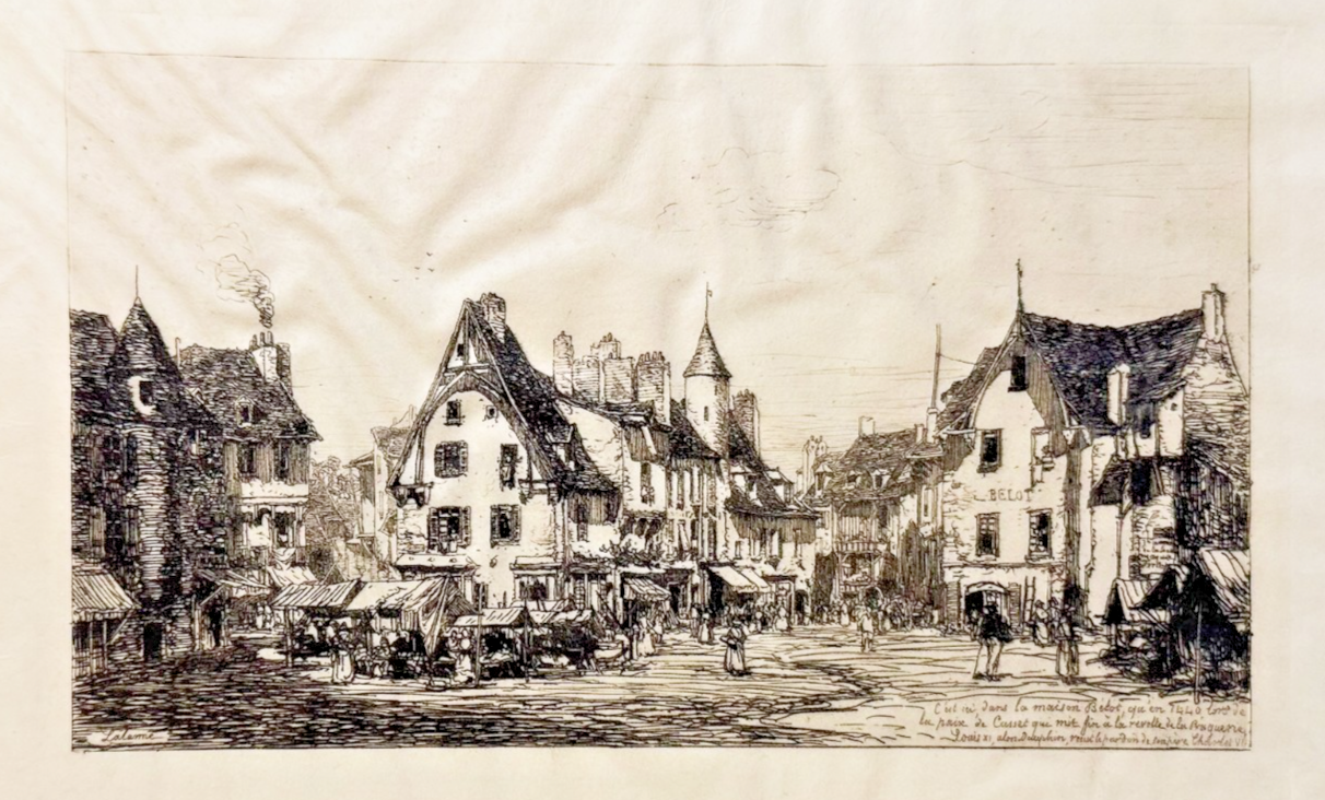 Vintage illustration of a town street with buildings and people.
