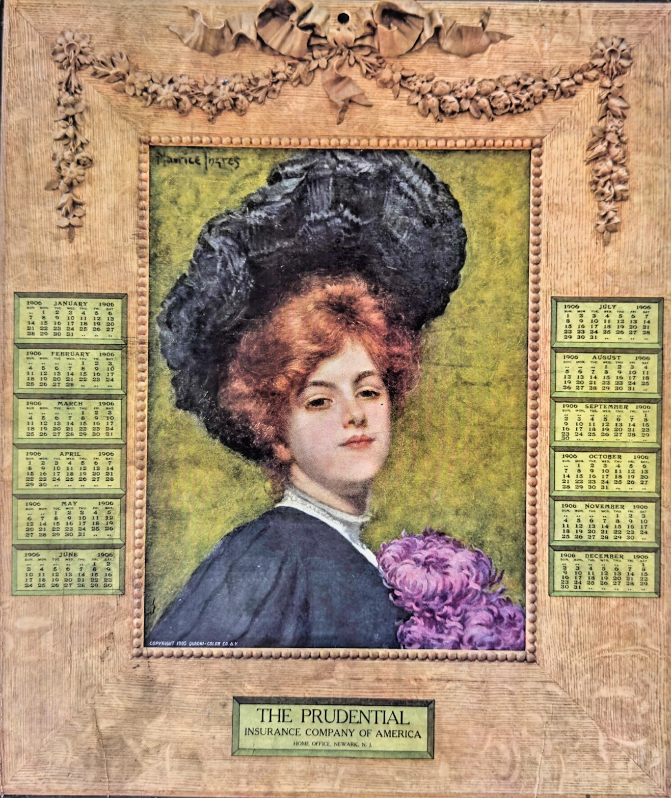 Vintage-style calendar with a portrait of a woman and decorative elements, featuring The Prudential Insurance Company of America.