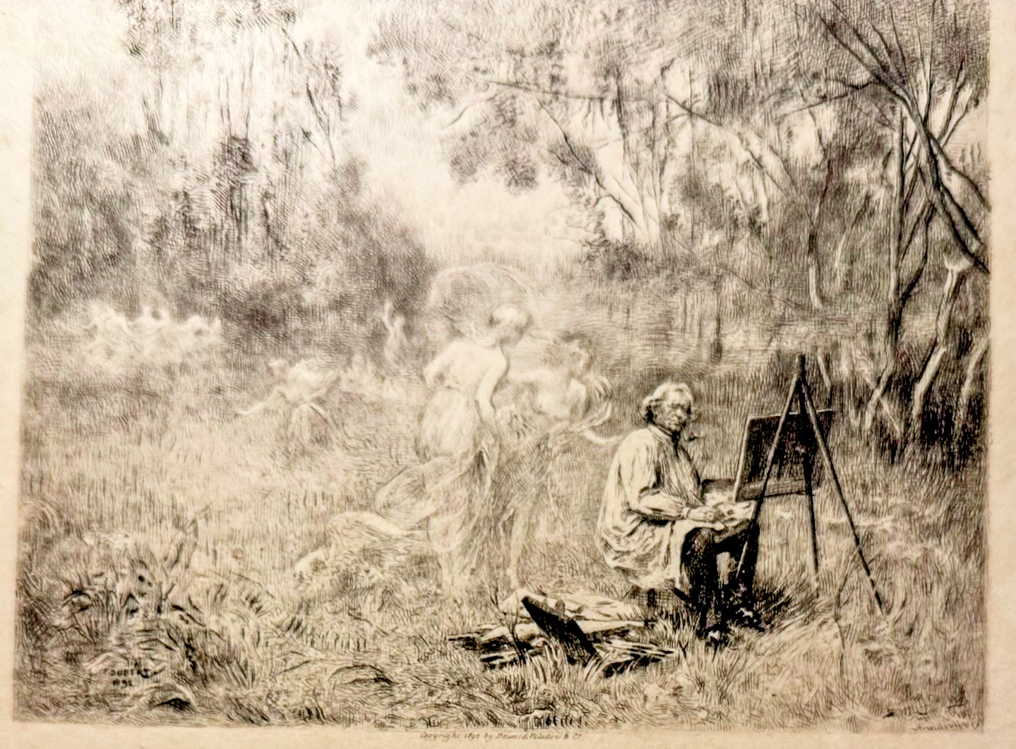 Man painting in a forest with nude models in the background