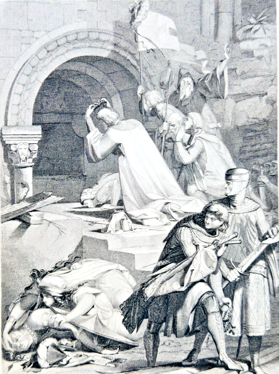 Historical engraving of a dramatic scene with figures in a classical setting