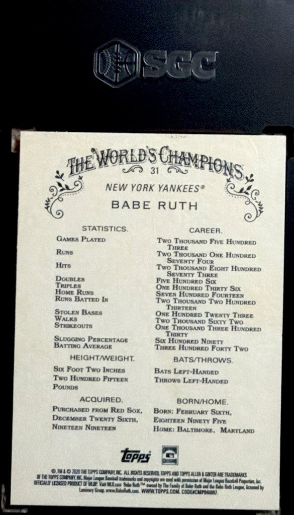 BABE RUTH 2020 Topps Allen & Ginter #31 PSA 9.5