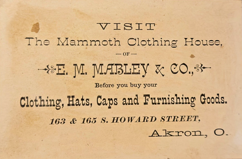 1880 Victorian Trade Card “UNDER COVER” – E.M. Mabley & Co Mammoth Akron, OH ad