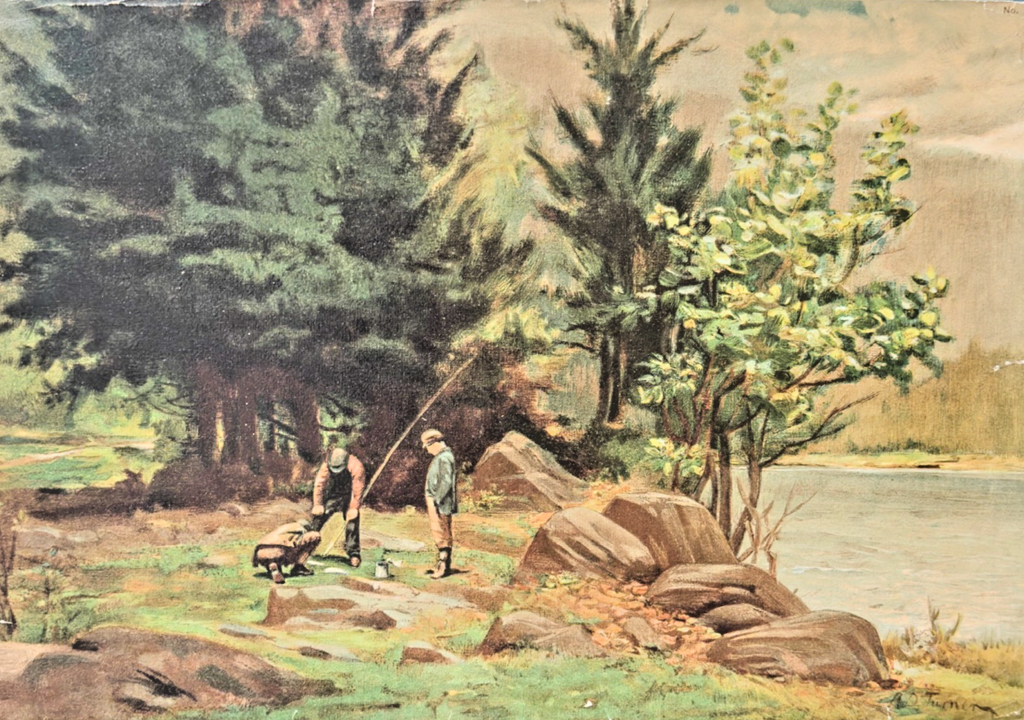 1905 Chromolithograph “Fishing Scene” — Early 20th-Century River Landscape