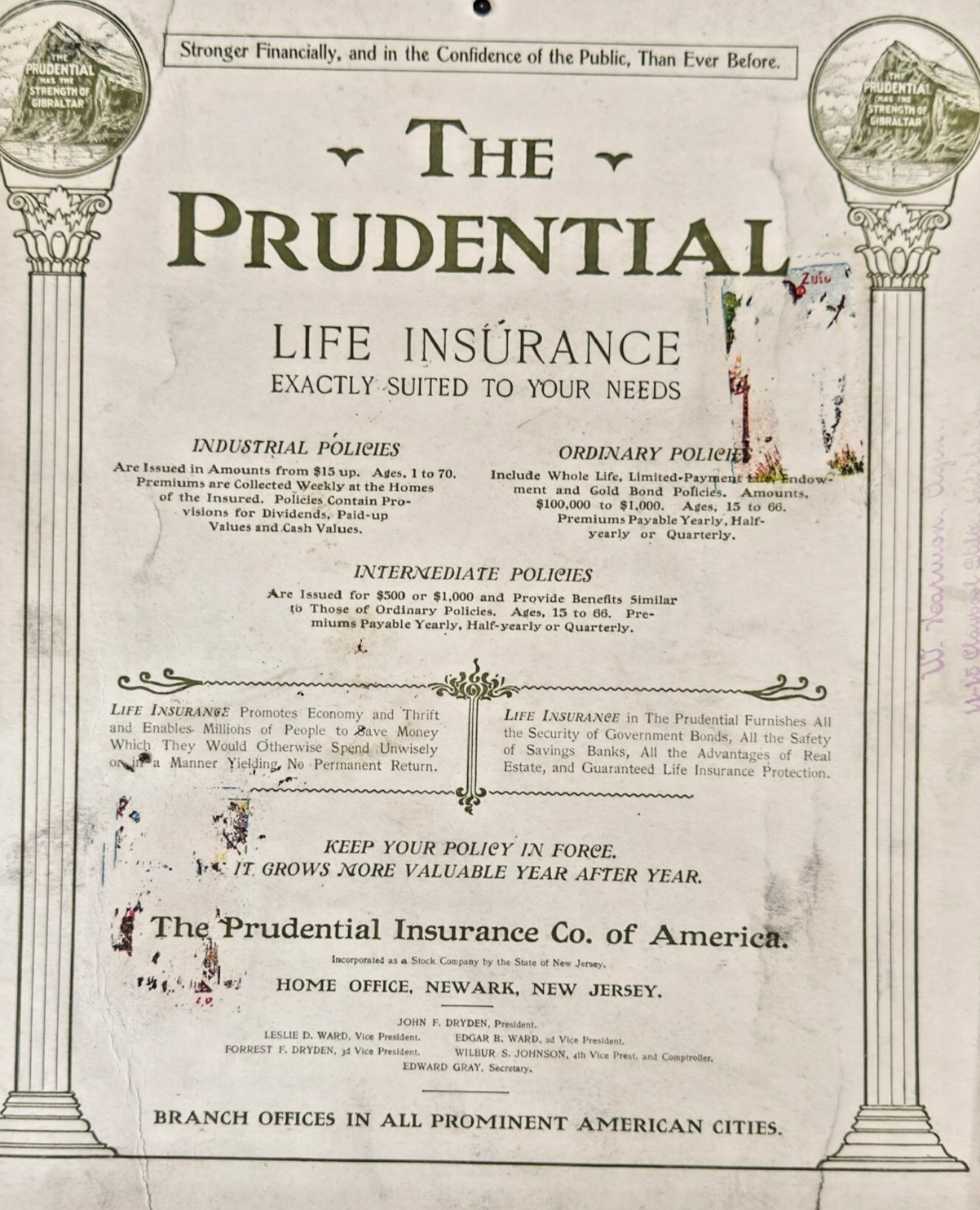 Vintage advertisement for Prudential Life Insurance with decorative elements and text.