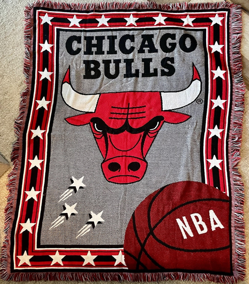 Vintage 1990s Chicago Bulls NBA Woven Throw Blanket Tapestry
