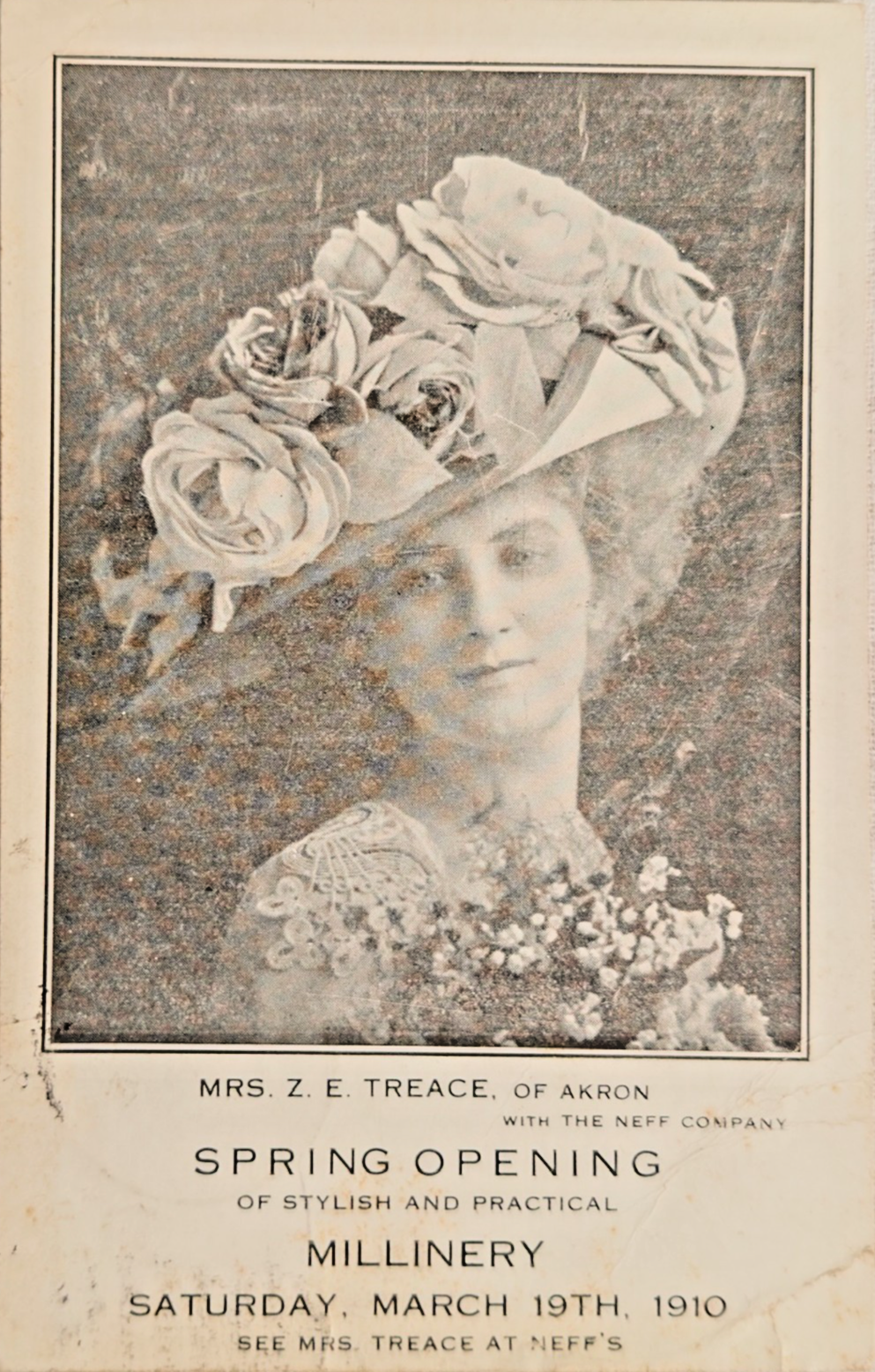 1910 Akron OH Neff Company Millinery Spring Opening Postcard – Mrs Z.E. Treace