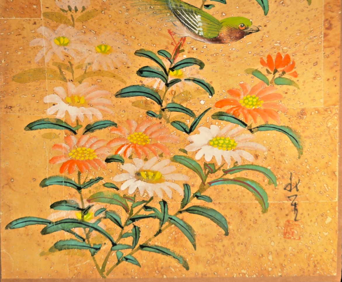 Original Japanese Kachō-ga Painting — Bird & Chrysanthemums — Signed Mizudori 水鳥