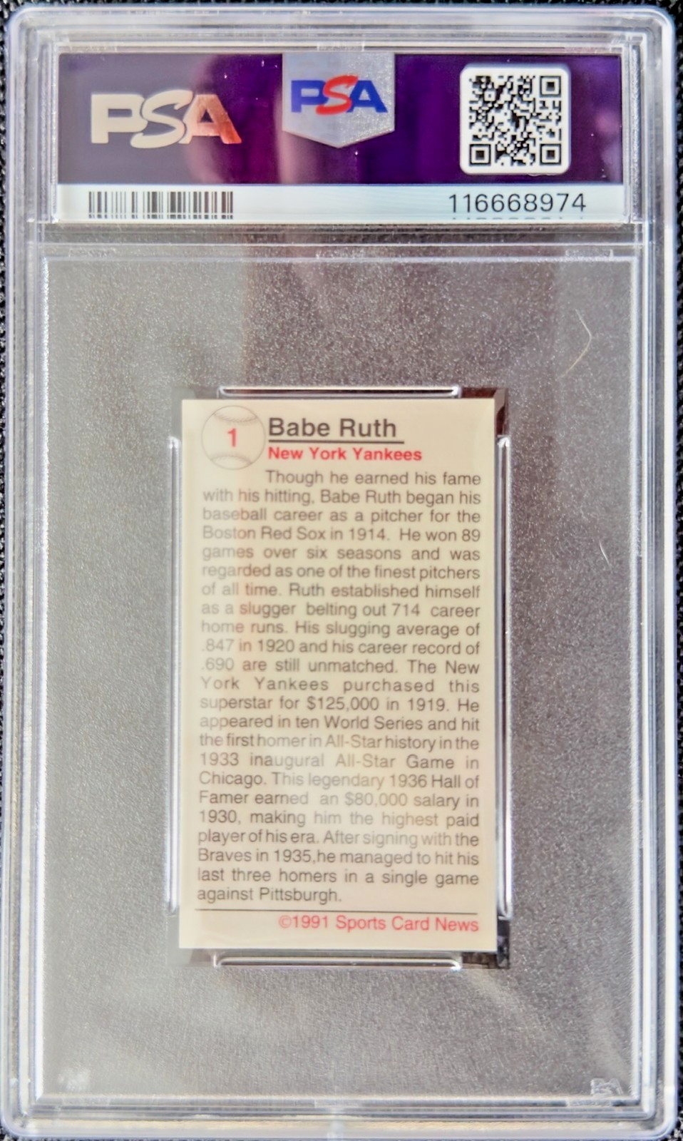 Babe Ruth 1991 Allan Kaye's Sports Cards News Magazine PSA 9