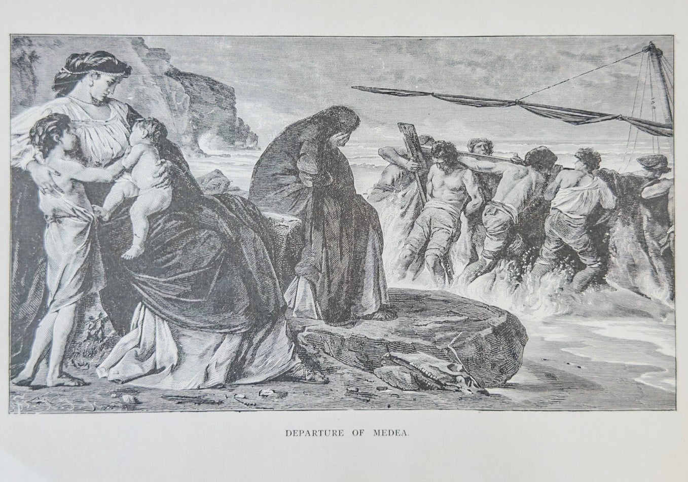 Vintage black and white print of a historical scene with figures and a ship.