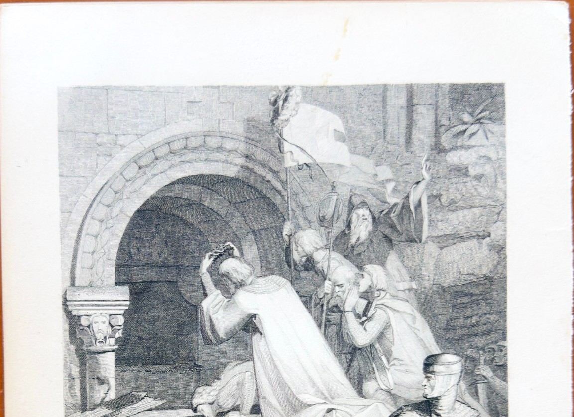 Black and white illustration of a scene with architectural elements and figures.