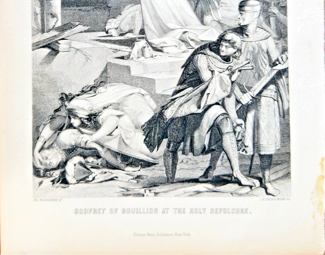 Black and white historical illustration of a scene with figures and a horse.