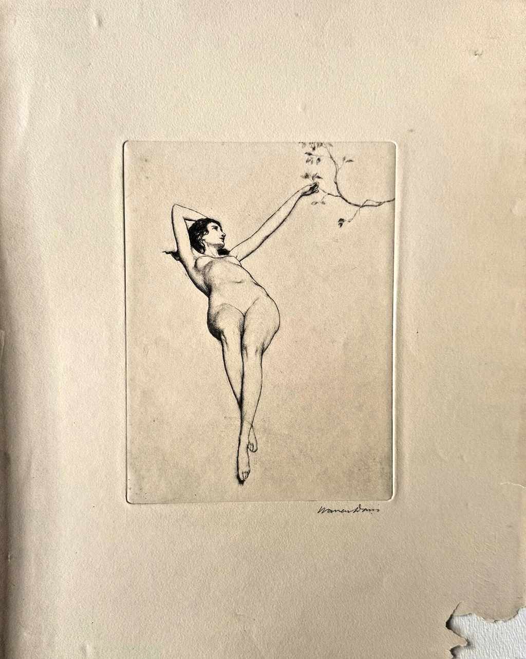 Vintage-style illustration of a nude figure on a textured beige background