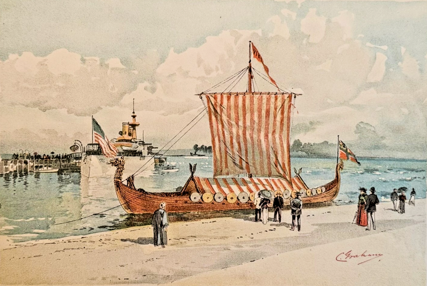 1893 Chicago World’s Fair Art Supplement – 'Viking and Battleship' Chicago Tribune