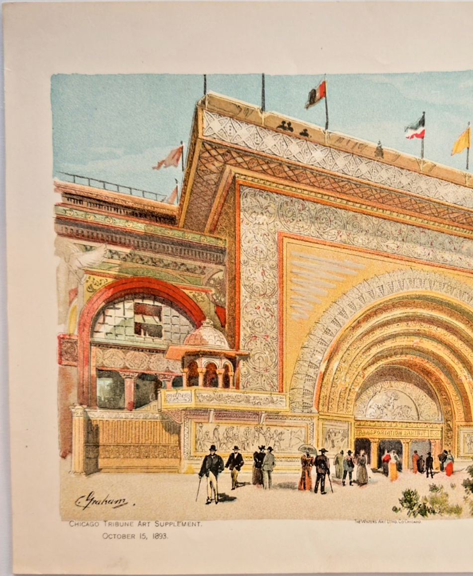1893 Chicago World's Fair Lithograph: Gilded Entrance Transportation Building Art