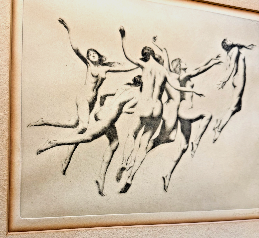 Warren B. Davis Signed Drypoint Etching c.1910 — Dancing Nude Figures — American Symbolist Art