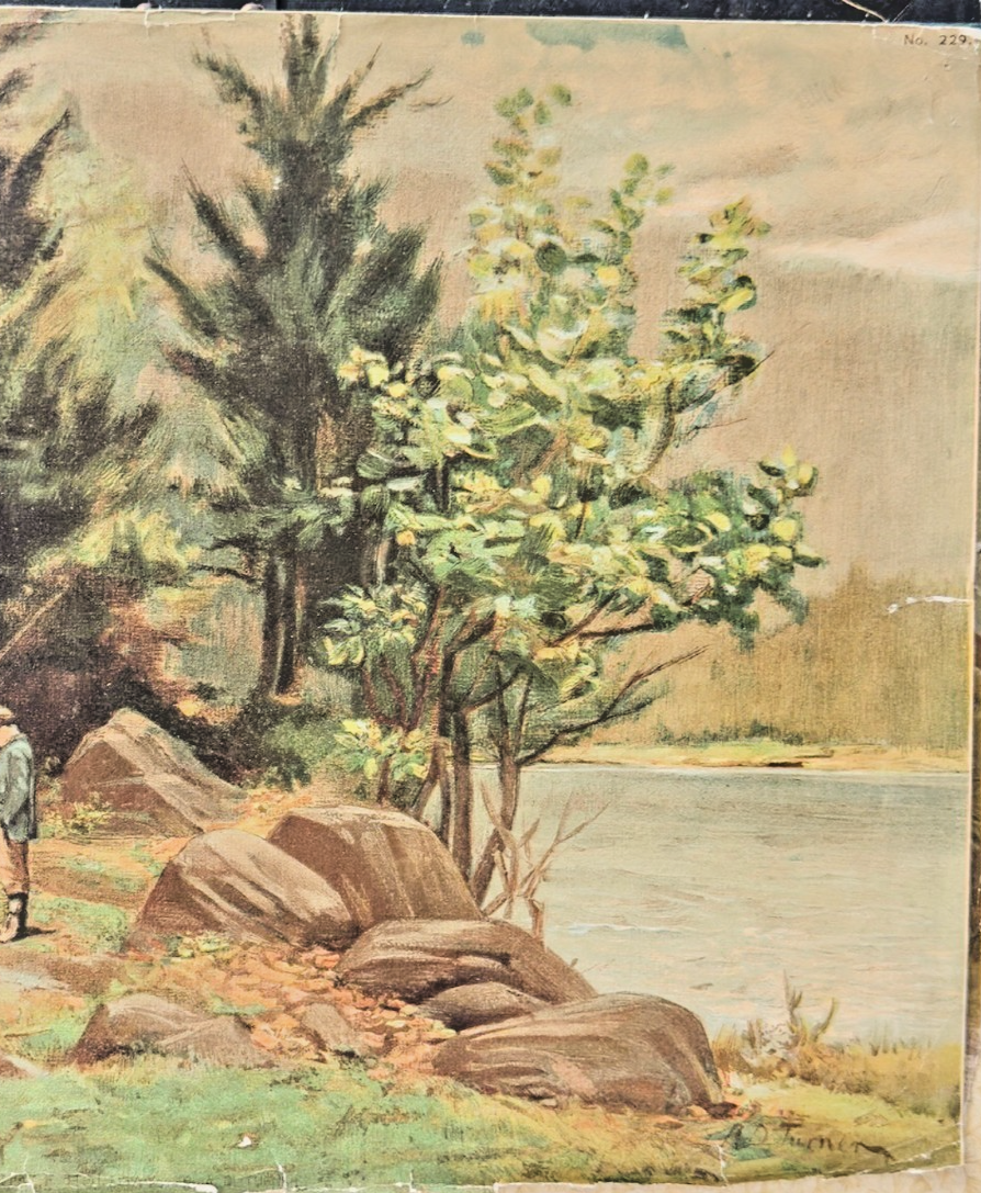 1905 Chromolithograph “Fishing Scene” — Early 20th-Century River Landscape