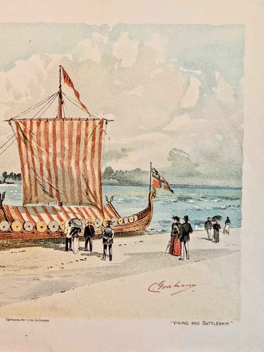1893 Chicago World’s Fair Art Supplement – 'Viking and Battleship' Chicago Tribune