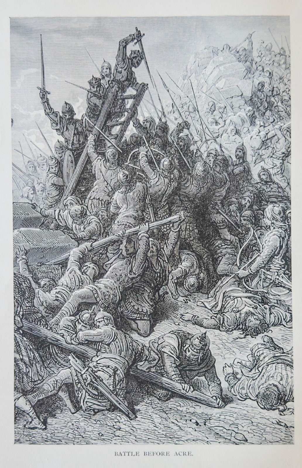 Battle Before Acre Antique Engraving Medieval War Historical Print