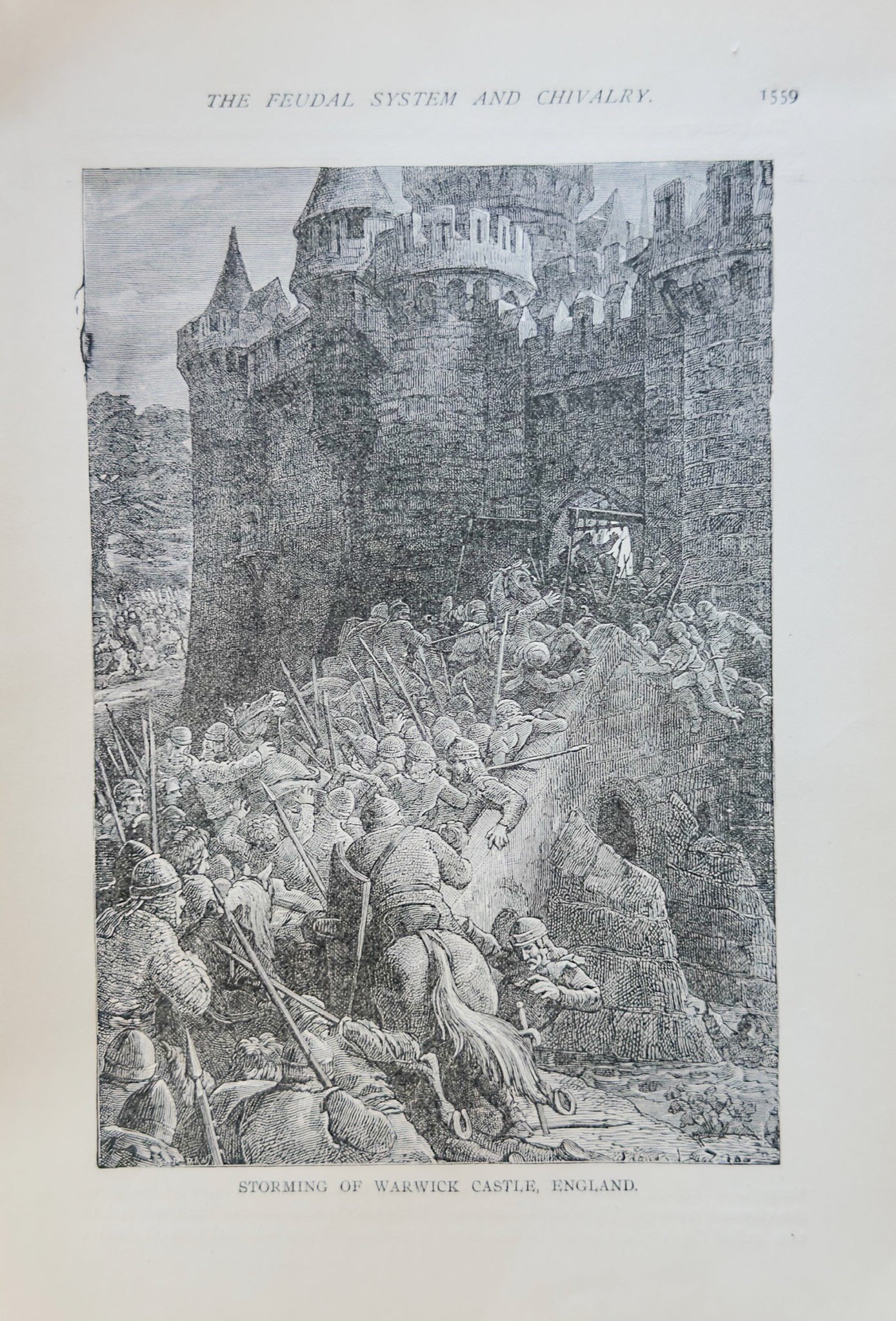 Storming of Warwick Castle, England- 1894 Engraving Print Battle Scene