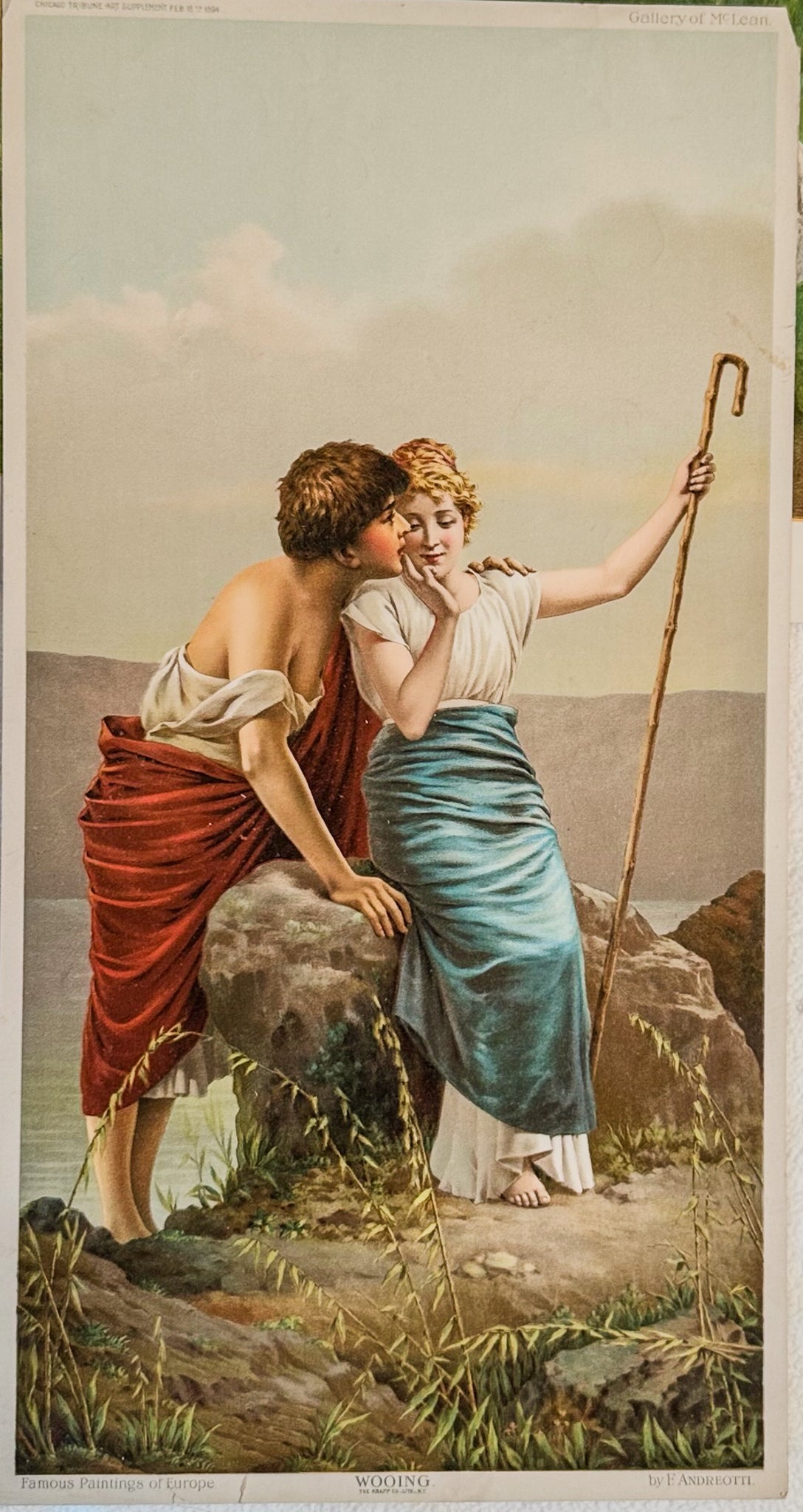 Wooing– 1894 Chicago Tribune Art Supplement • After E. Andreotti • Antique Romantic Lithograph