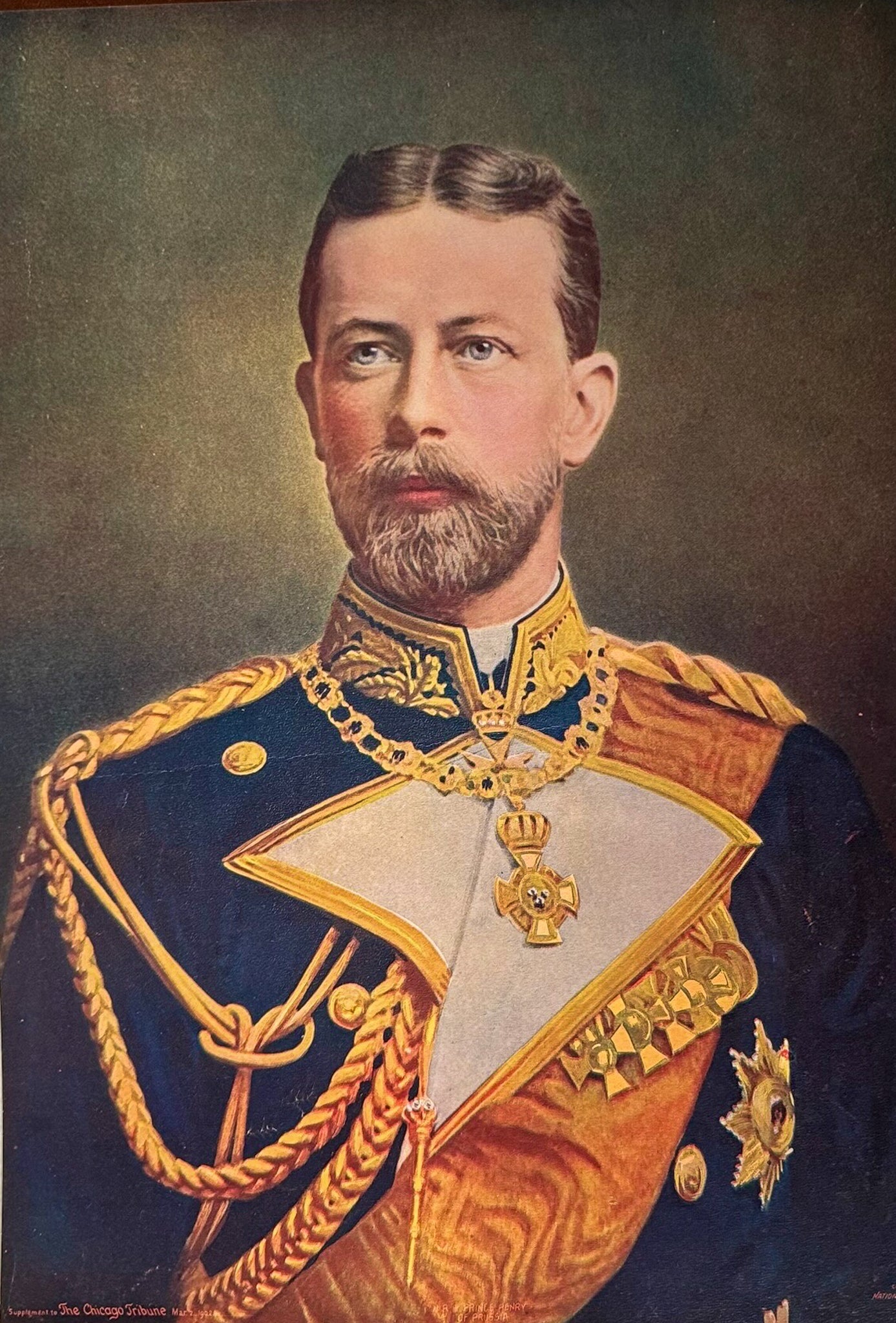 Portrait of a man in formal military attire with gold accents and a dark background