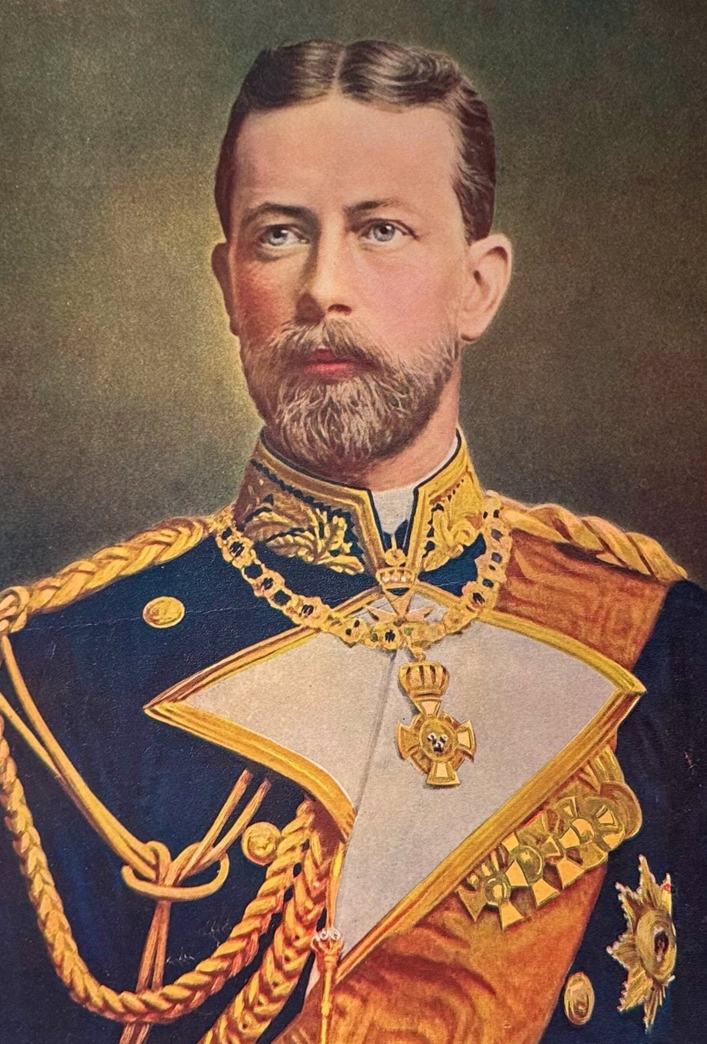 Portrait of a man in formal military attire with gold accents and a dark background