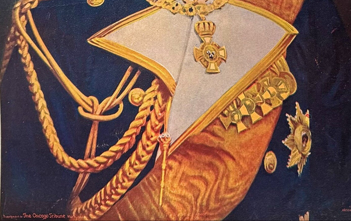 Portrait of a man in formal military attire with gold accents and a dark background