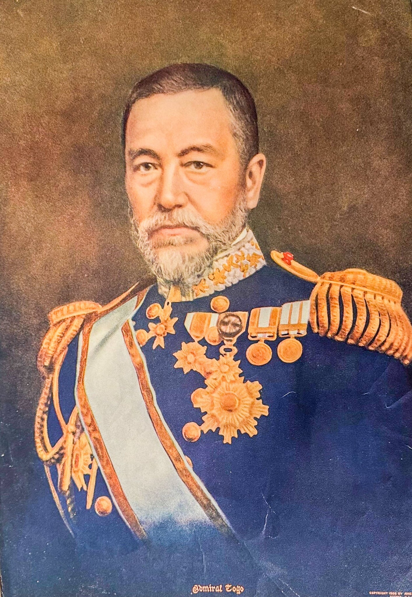 Portrait of a man in military uniform with decorative elements on a brown background