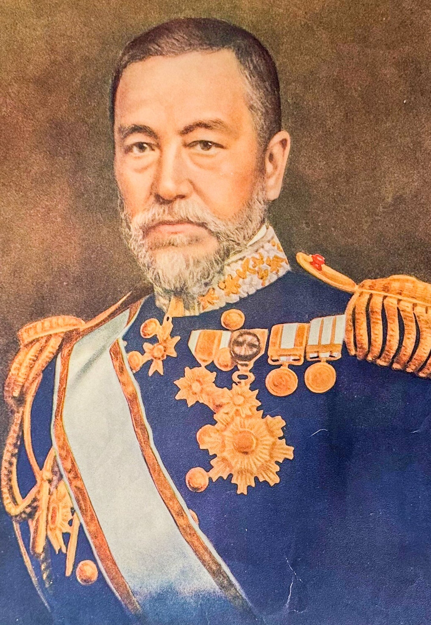 Portrait of a man in military uniform with decorative elements on a brown background