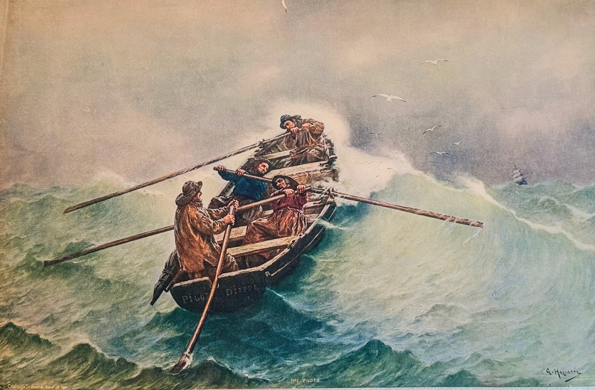 Artistic depiction of people rowing a boat in rough water with a stormy sky.