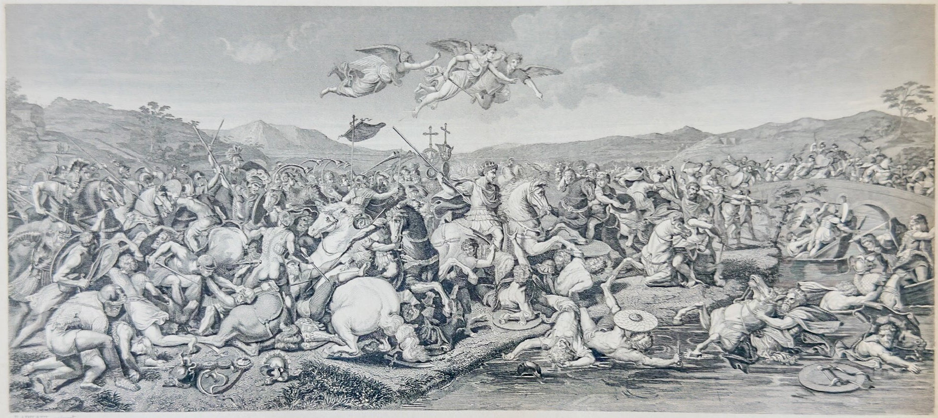 Engraving of a battle scene with figures and horses on a plain background