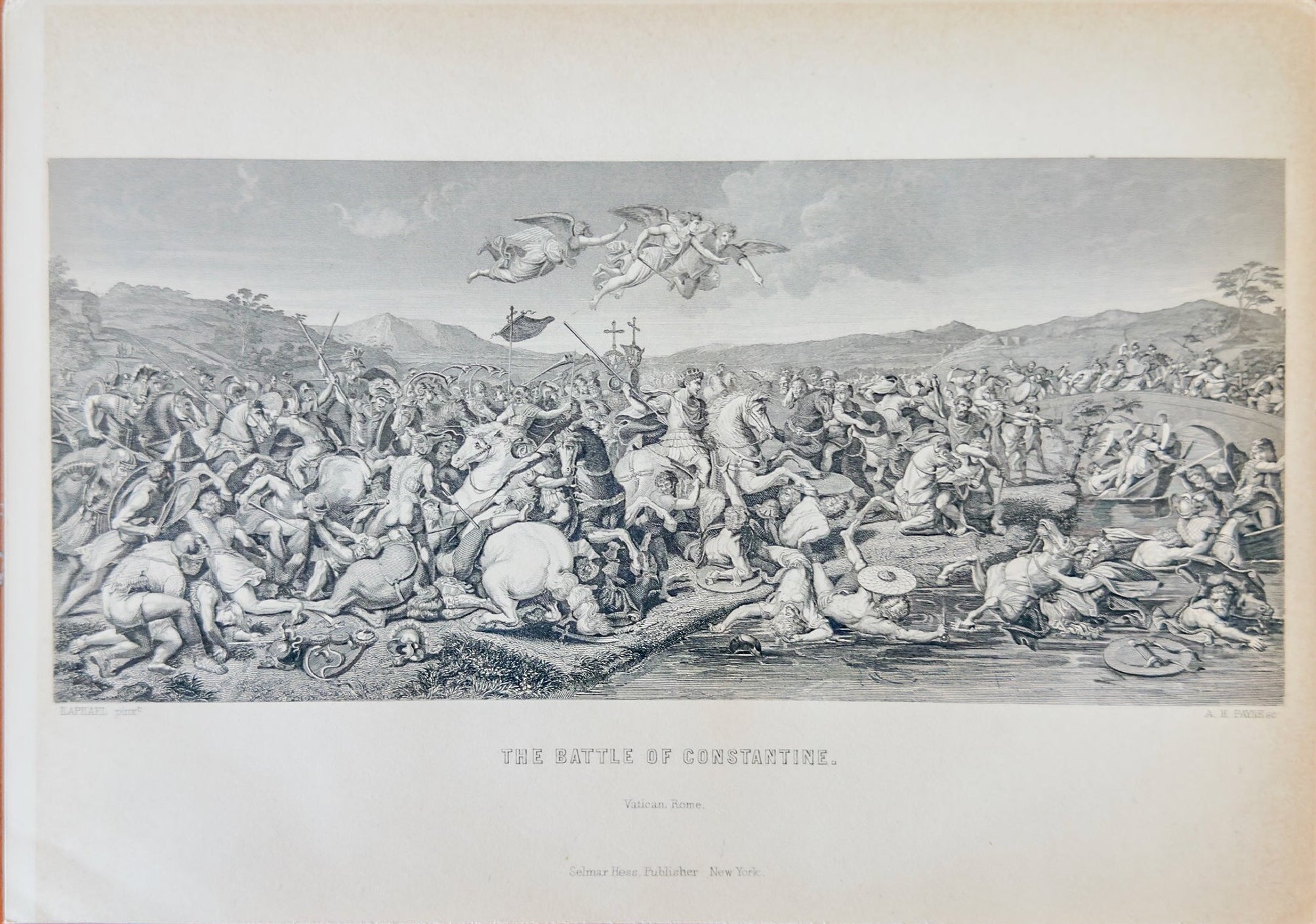 Engraving of a battle scene with figures and horses on a plain background