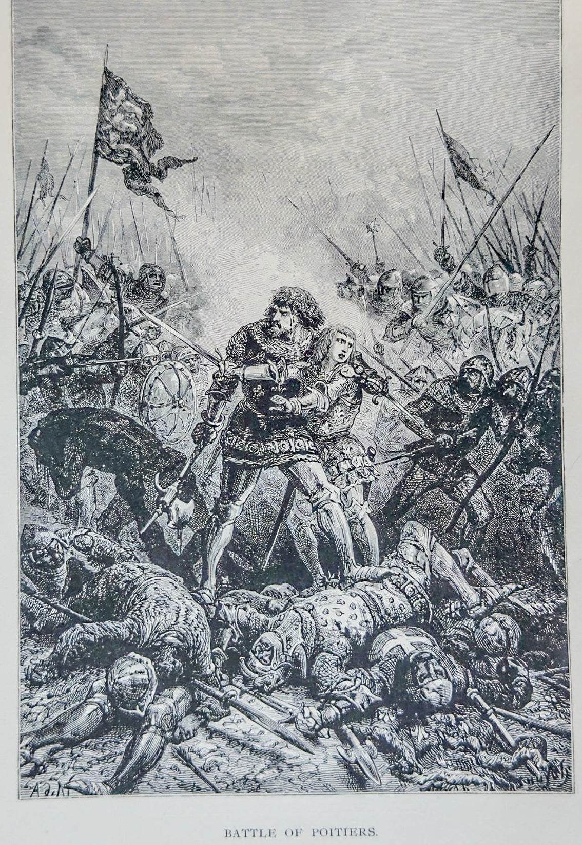 Battle of Poitiers Antique Engraving Medieval War Historical Print