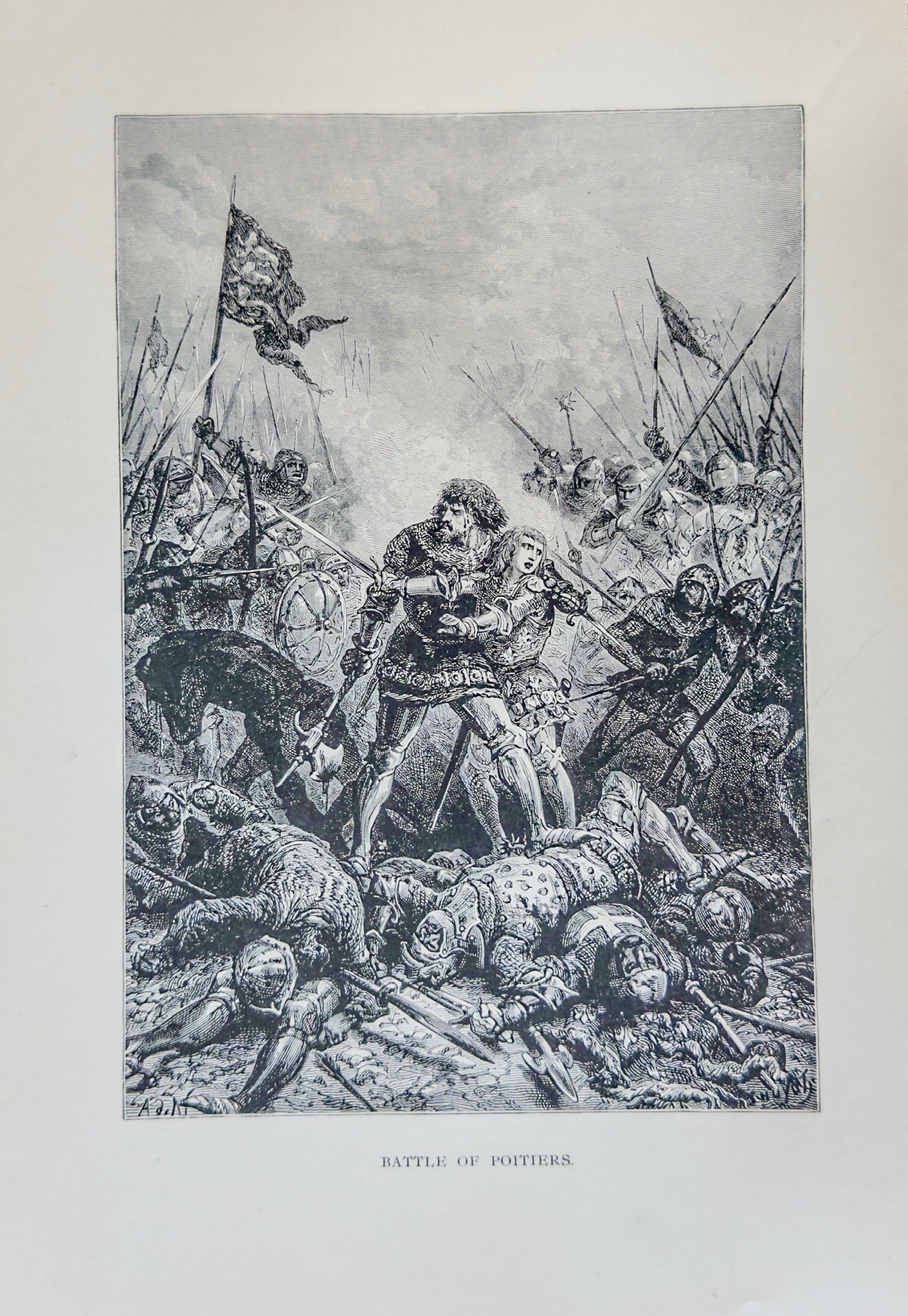Battle of Poitiers Antique Engraving Medieval War Historical Print