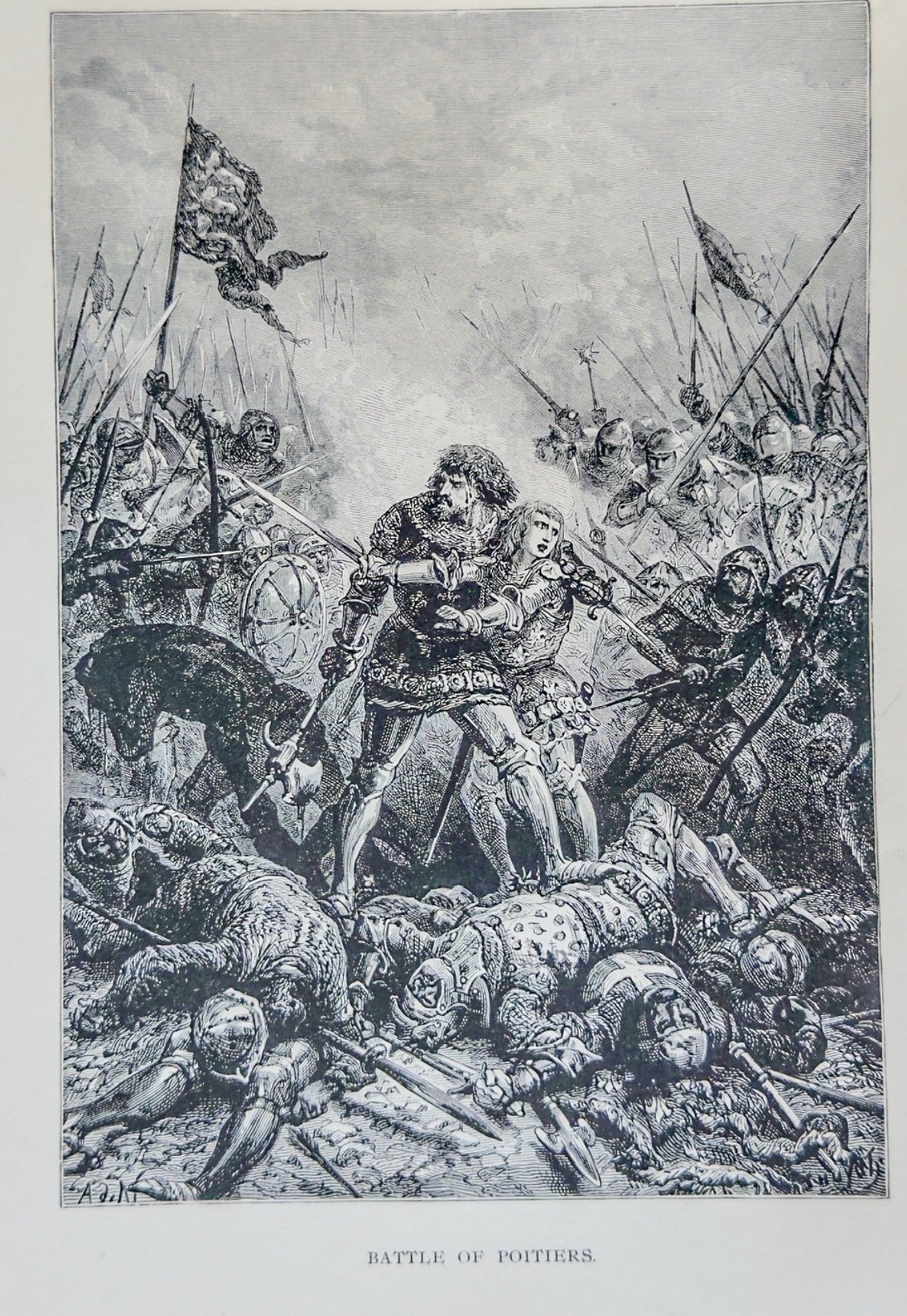 Illustration of a battle scene with soldiers and flags, labeled 'Battle of Poitiers'.