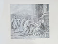 Black and white illustration of classical scene with figures in a room with columns.