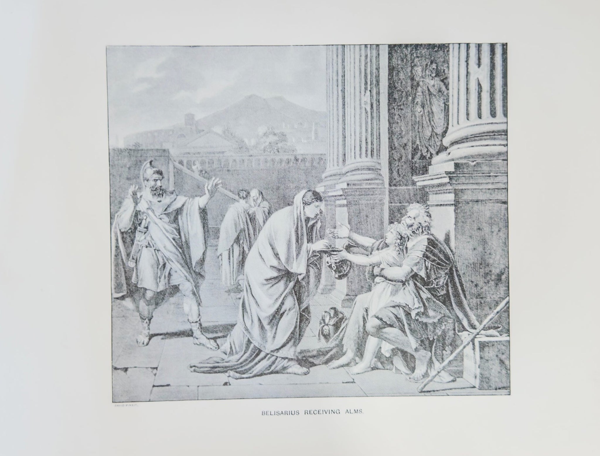 Black and white illustration of classical scene with figures in a room with columns.