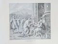Black and white illustration of a classical scene with people in a temple setting.