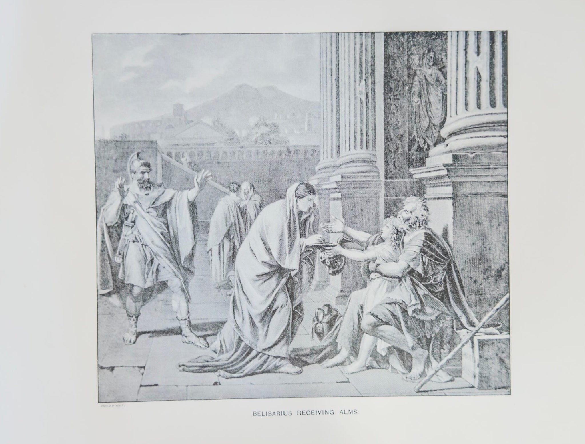 Black and white illustration of a classical scene with people in a temple setting.