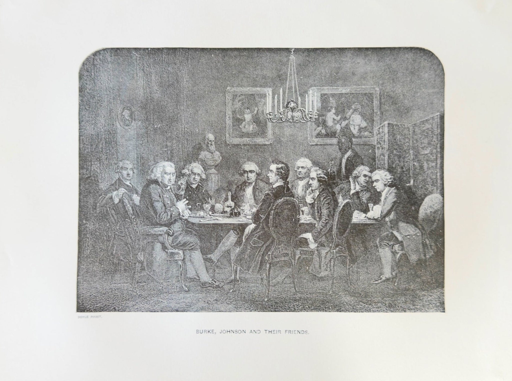 Antique Steel Engraving – Burke, Johnson and Their Friends – 19th Century Literary Historical Print