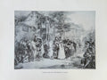 Vintage engraving of a scene with people in a town square.