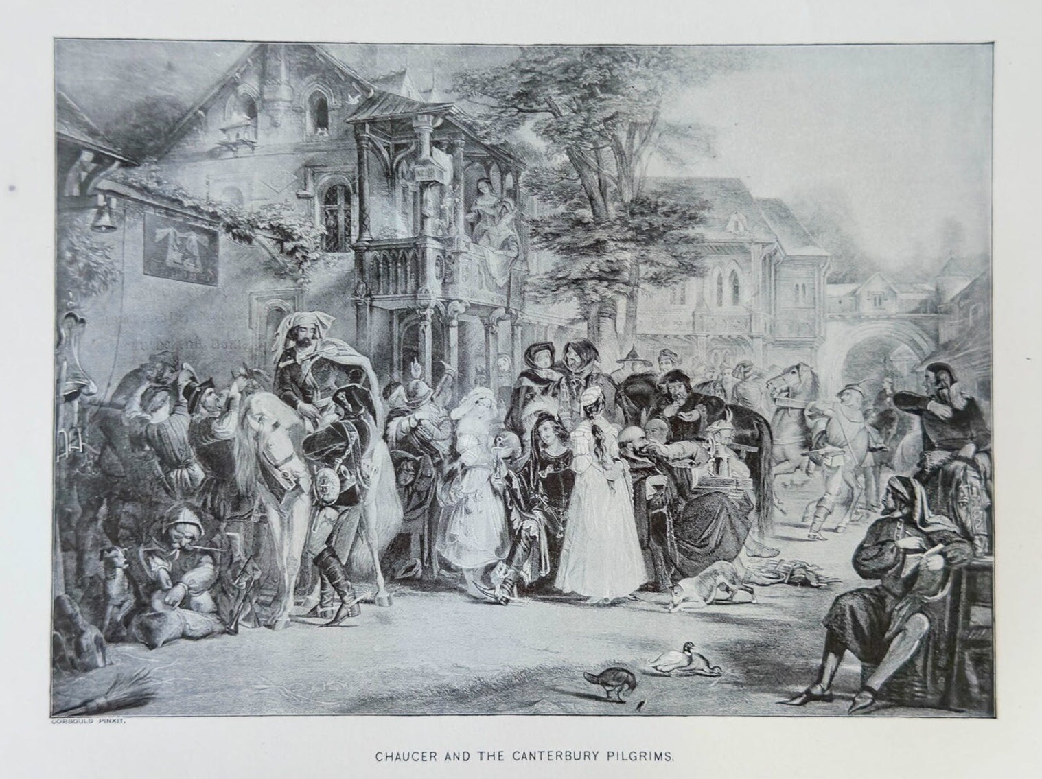 Vintage engraving of a scene with people in a town square.