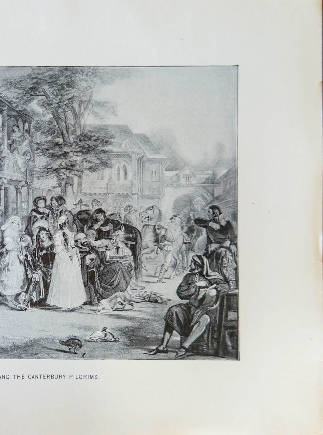 Vintage engraving of a scene with people in a town square.