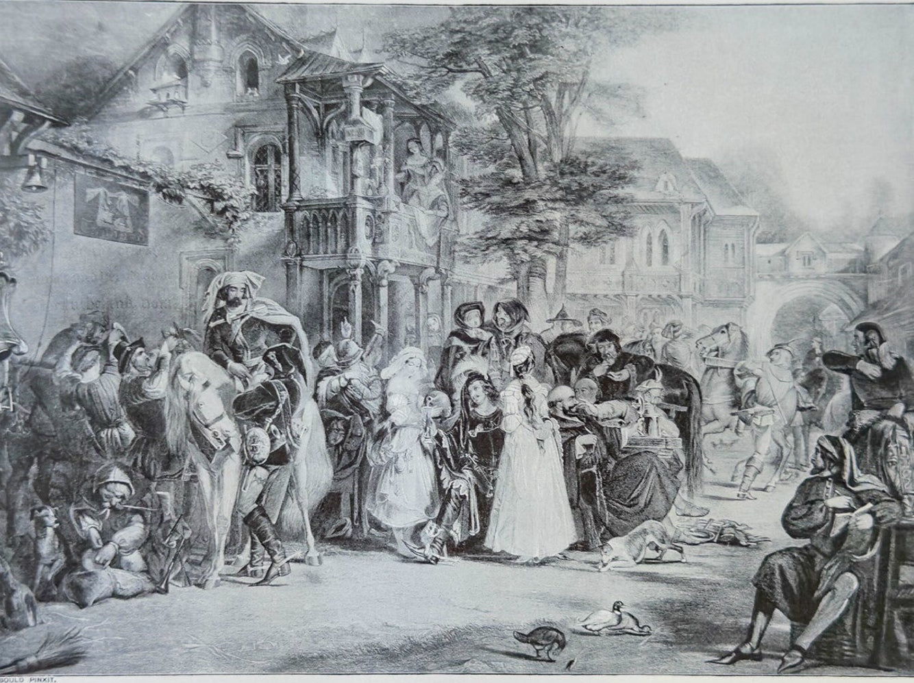 Vintage engraving of a scene with people in a town square.