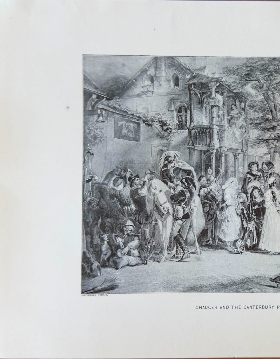 Vintage engraving of a scene with people in a town square.