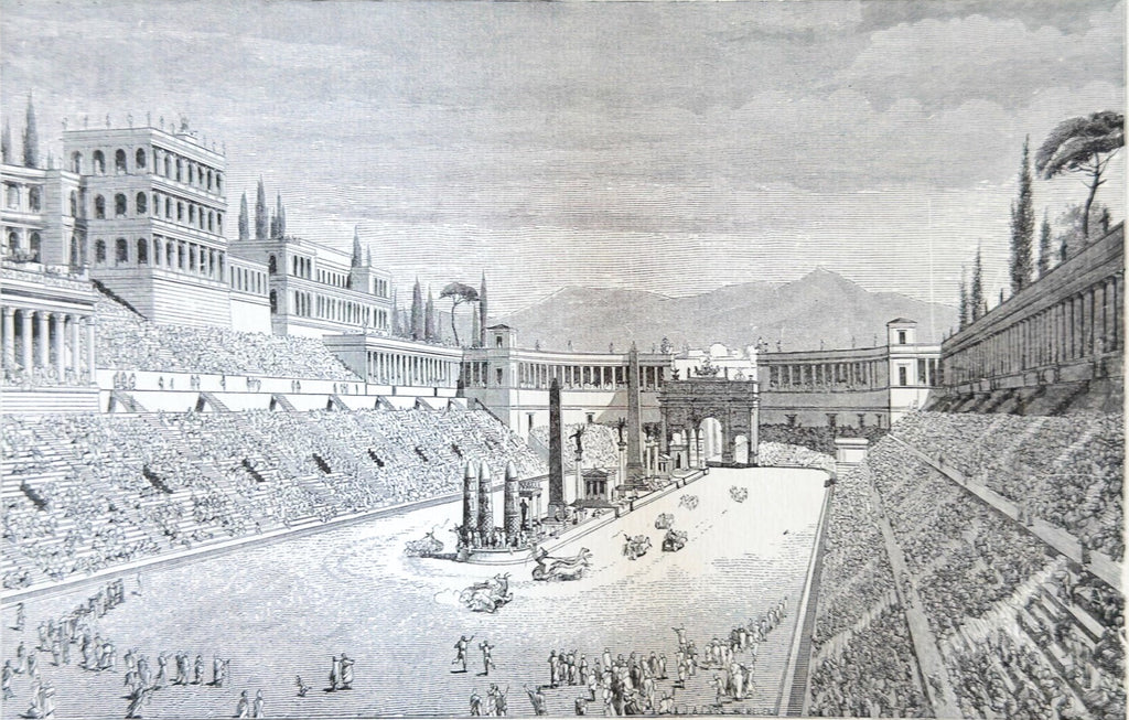 Black and white illustration of the Circus Maximus, an ancient Roman stadium.