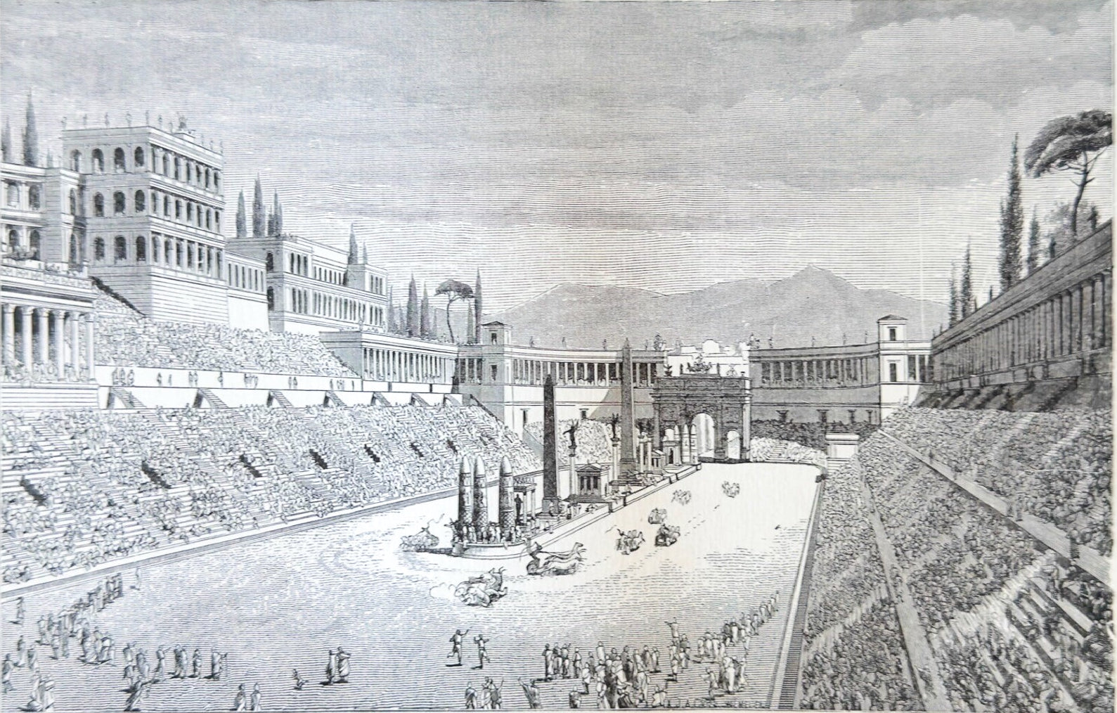 Black and white illustration of the Circus Maximus, an ancient Roman stadium.