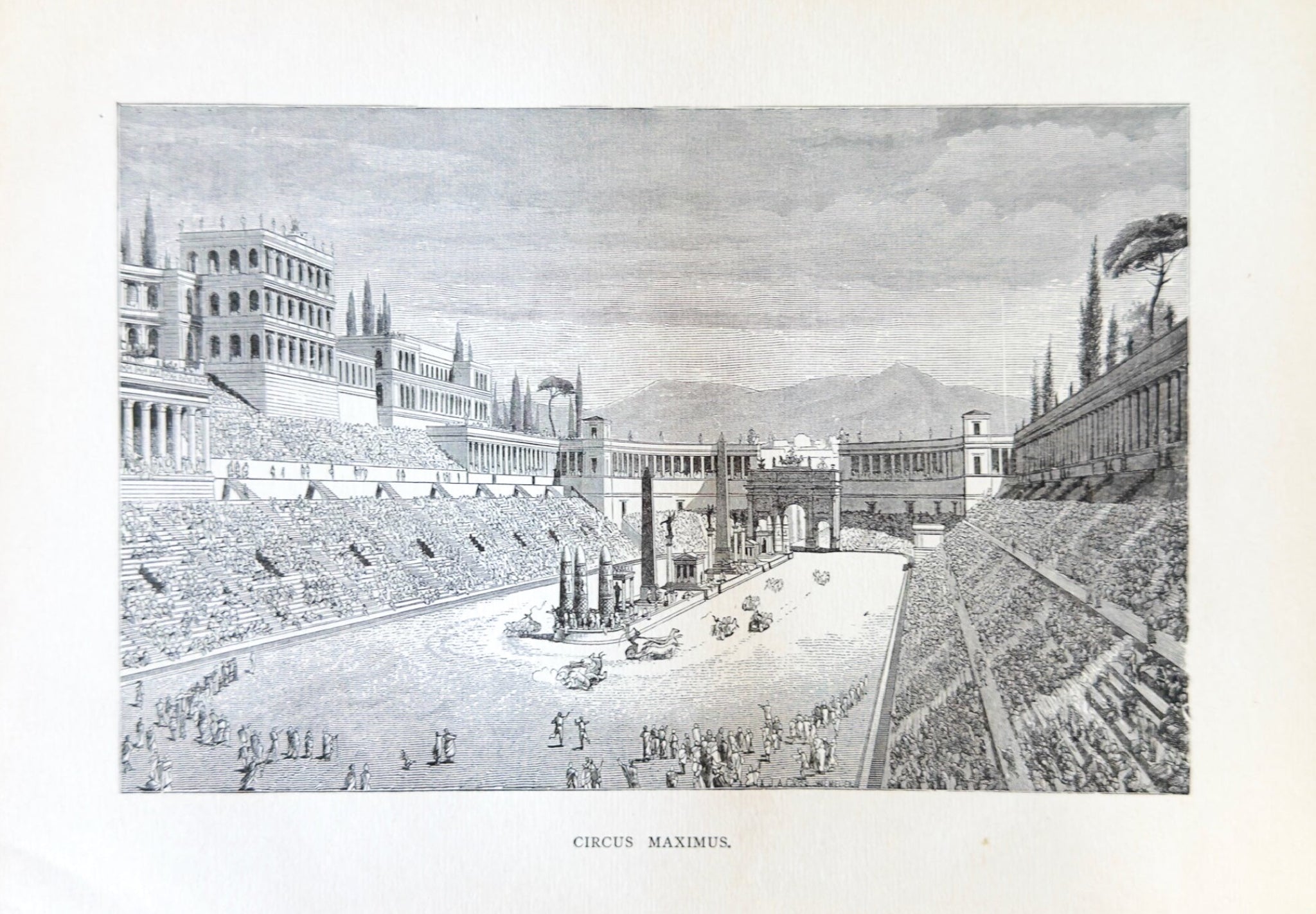 Black and white illustration of the Circus Maximus, an ancient Roman stadium.
